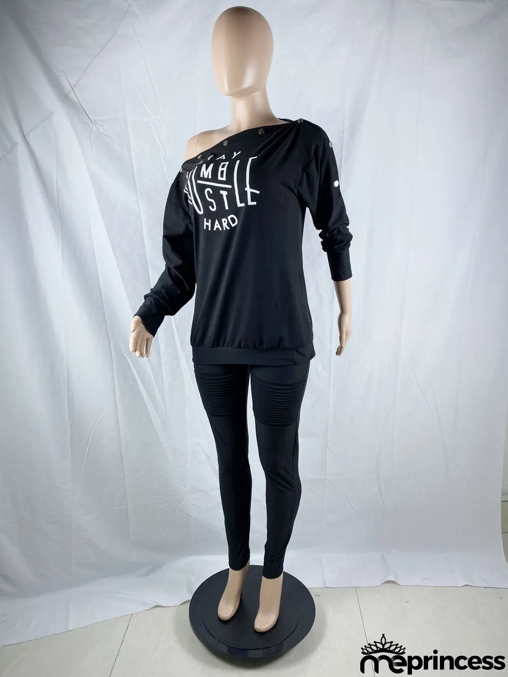 Plus Size Letter Slash Neck Long Sleeve 2 Piece Sets