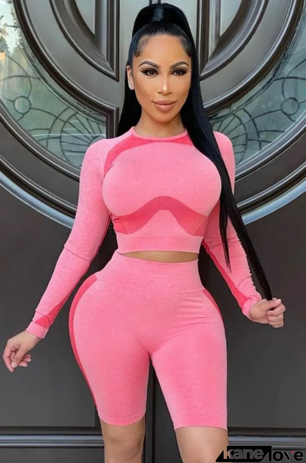 Summer Block Color Long Sleeve Crop Top and Shorts 2pc Sportswear