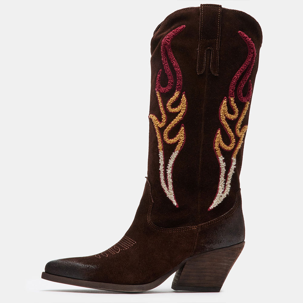 Vegan Suede Vintage Flame Embroidered Mid-Calf Cowgirl Boots in Brown