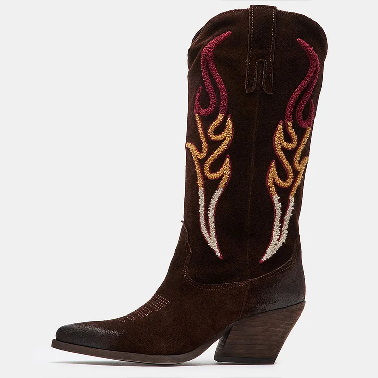 Vegan Suede Vintage Flame Embroidered Mid-calf Cowgirl Boots in Brown |FSJ Shoes