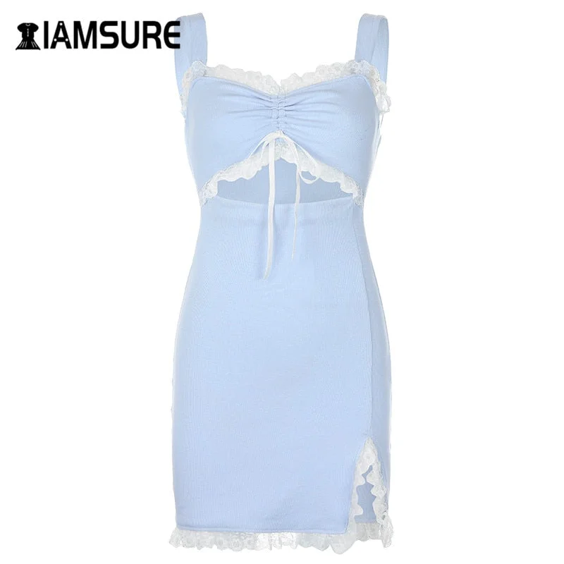 Graduation Gifts  2023 Summer Streetwear Lace Patchwork Mini Dresses For Women  Hollow Out Ruched V-Neck Split Female Bodycon Dress