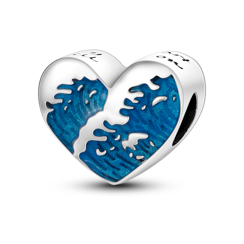 925 Sterling Silver Sea Wave Heart CZ Cubic Zircon Charm fit Charm Bracelet DIY Jewelry KTC259