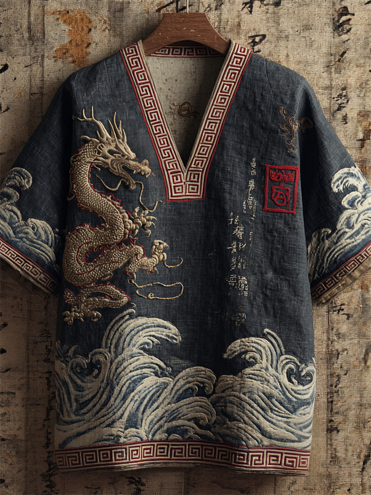 Vintage Japanese Gold Dragon Sea Waves Linen Shirt elevenforest