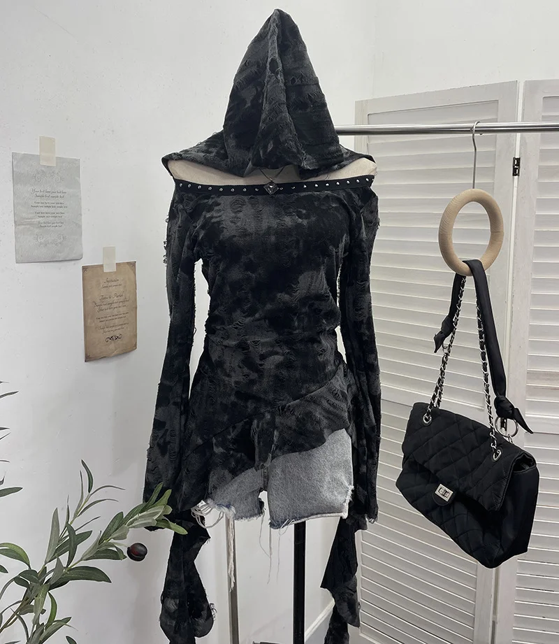 Uveng Real Shooting Niche Does Not Hit The Wasteland Hottie Wearing Hooded Holes Long Sleeves Irregular Ribbon Clothing 9297