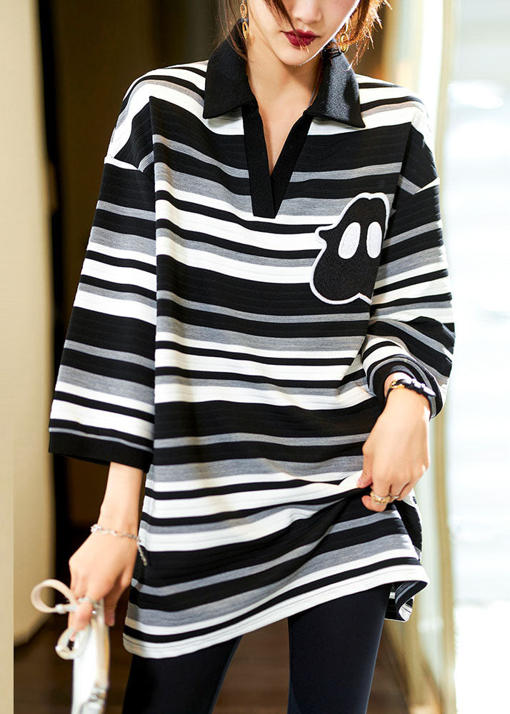 VCSHOES Loose Black White Striped Square Collar Cotton T Shirts Bracelet Sleeve