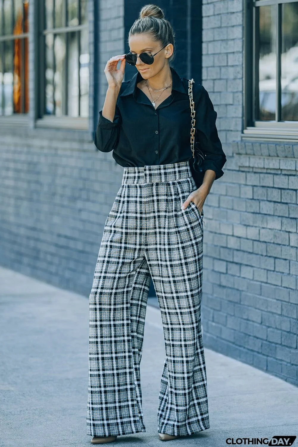 Plaid Tweed Wide Leg Pants