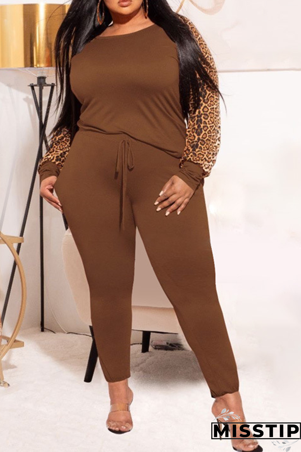 Earth Yellow Casual Leopard Patchwork O Neck Plus Size Two Pieces