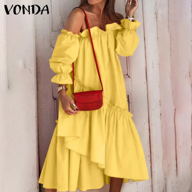 2022 VONDA Summer Sexy Off Shoulder Dress Women Long Sleeve Irregular Hem Lace Pleated Midi Sundress Bohemian Party Beach Robe
