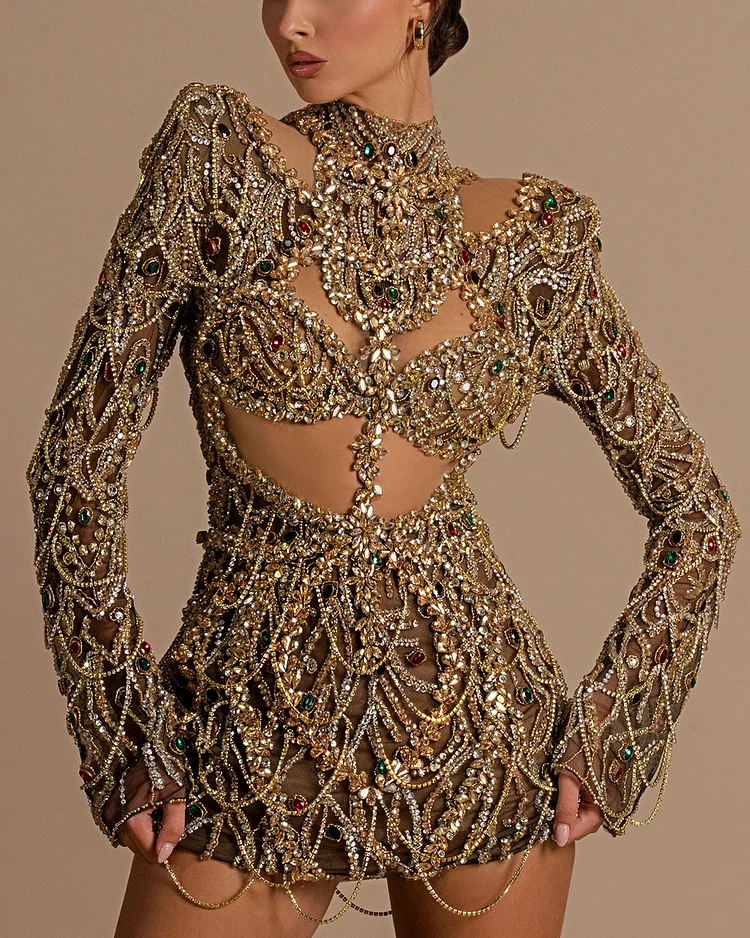 Crystal-Embellished Gemstone Mini Dress