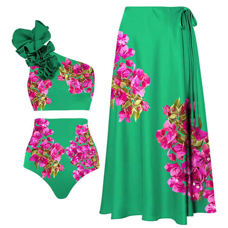 Pink Bougainvillea Flower Printed Bikini Swimsuit and Skirt Flaxmaker