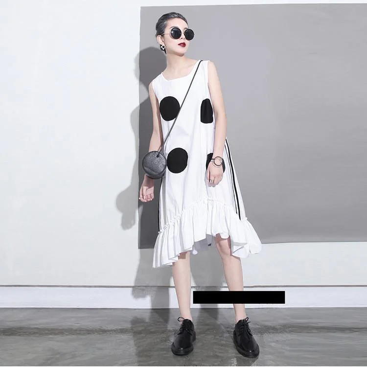 Cute U Neck Dot Printed Patchwork Ruffle Hem Sleeveless Dress