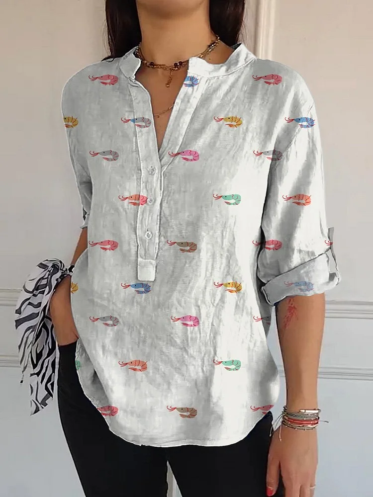 Petite Shrimp Pattern Printed Women's Casual Long Sleeve Comfortable Cotton Shirt