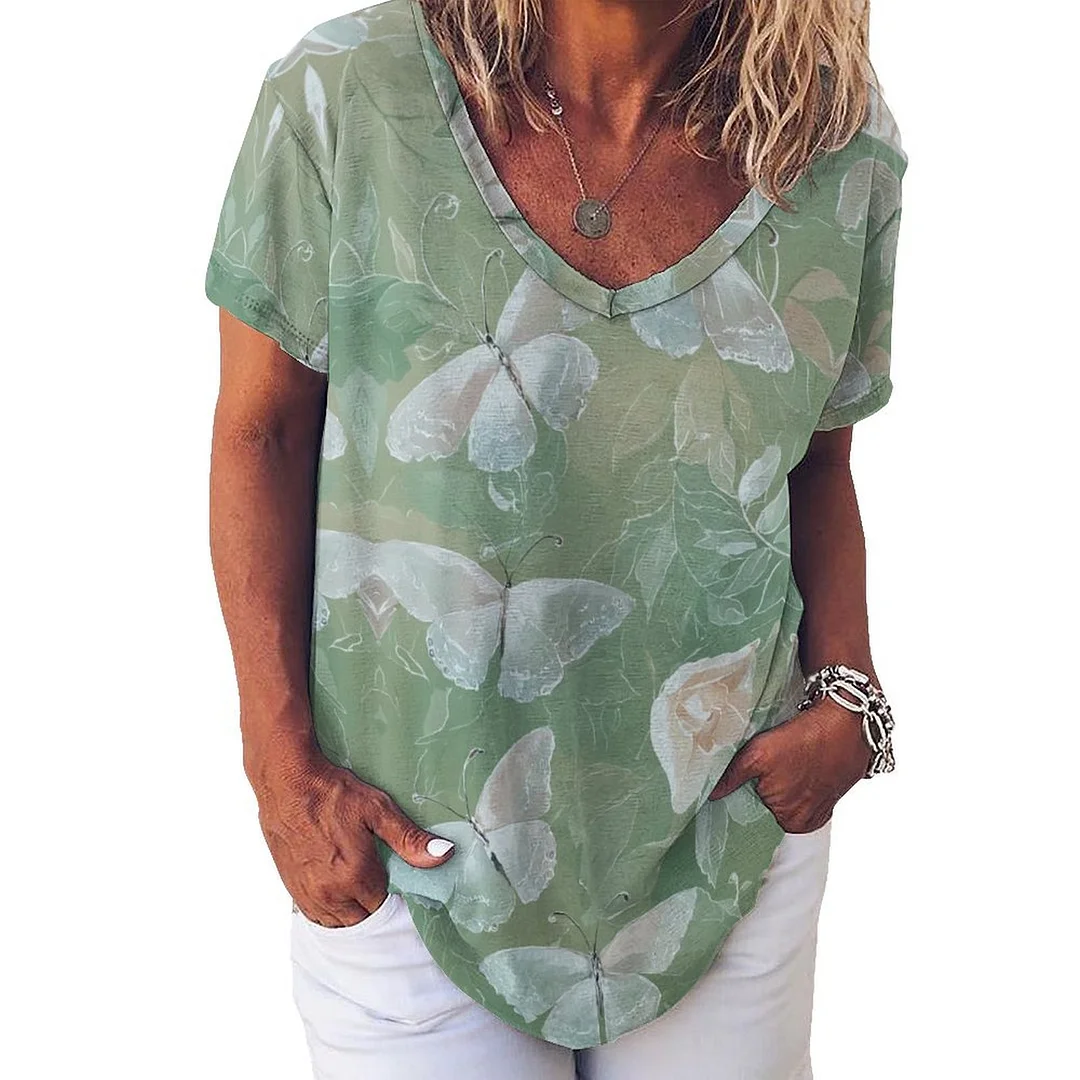V-neck Short Sleeve Casual T-shirt for  Women Printed with Pattern Pink, Green, Butterfly