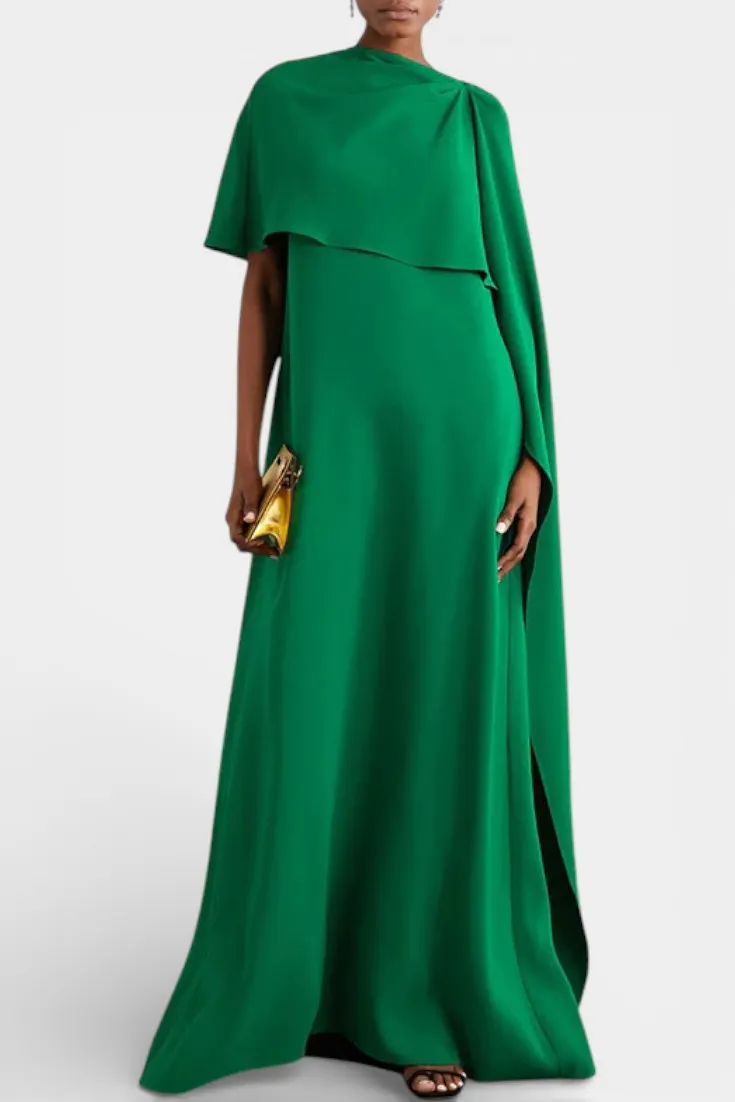 Asymmetric Cape-Sleeve Maxi Dress with High Slit