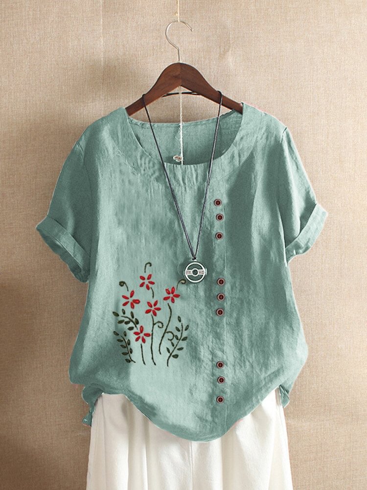 Button Flower Embroidered Short Sleeve T shirt For Women P1668009