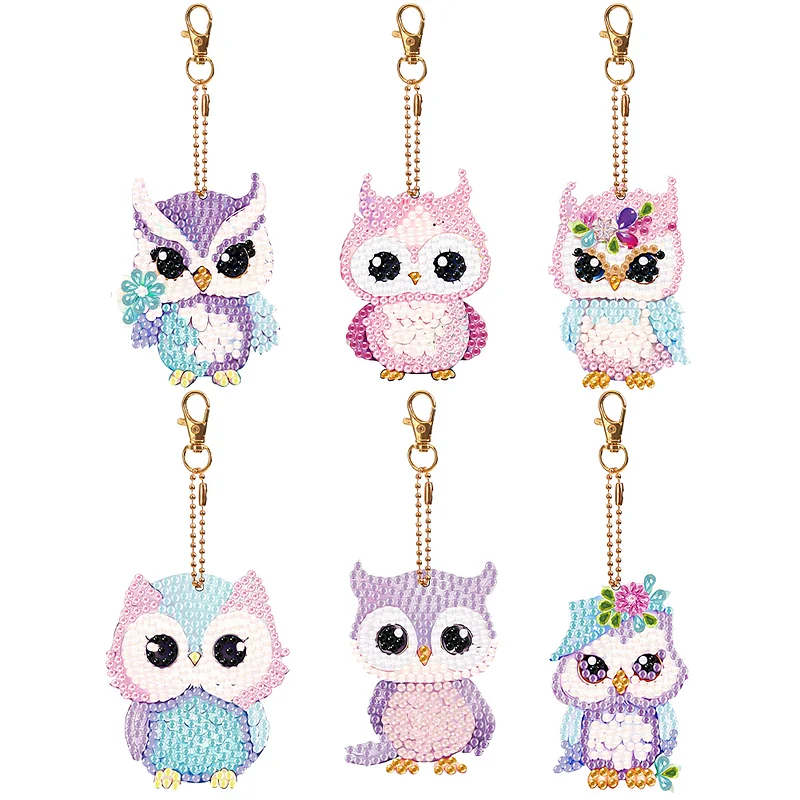 6 PCS Diamond Art Keyring Owl Double Sided Diamond Painting Art Keychain  Pendant