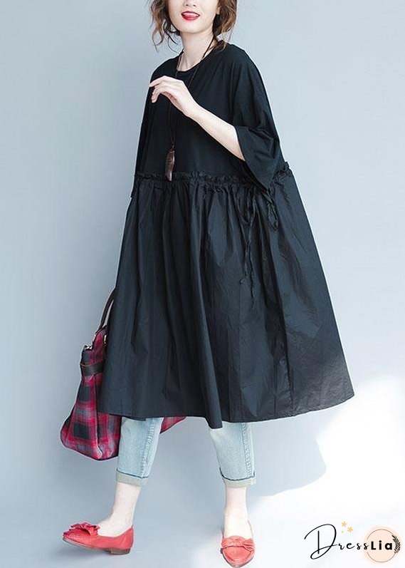 Italian Black Geometry Linen Quilting Dresses Ruffles Loose Summer Dress