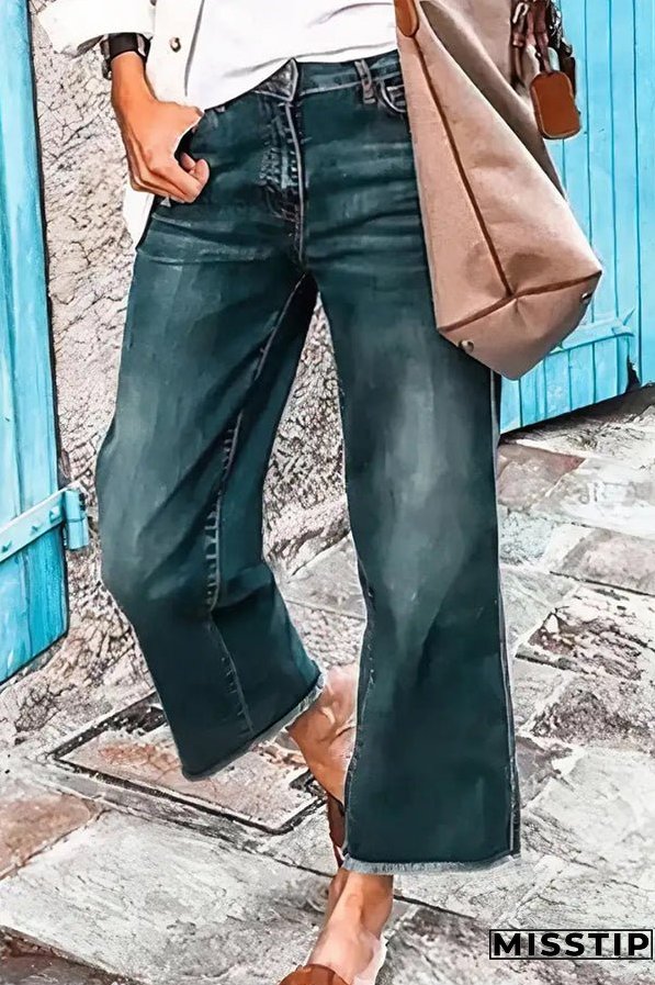 Stylish Raw-edge Mid-rise Pocket Stretch Straight-leg Jeans