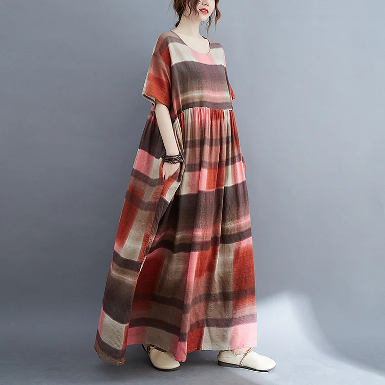 Art Print Plaid Short Sleeve Maxi Dress