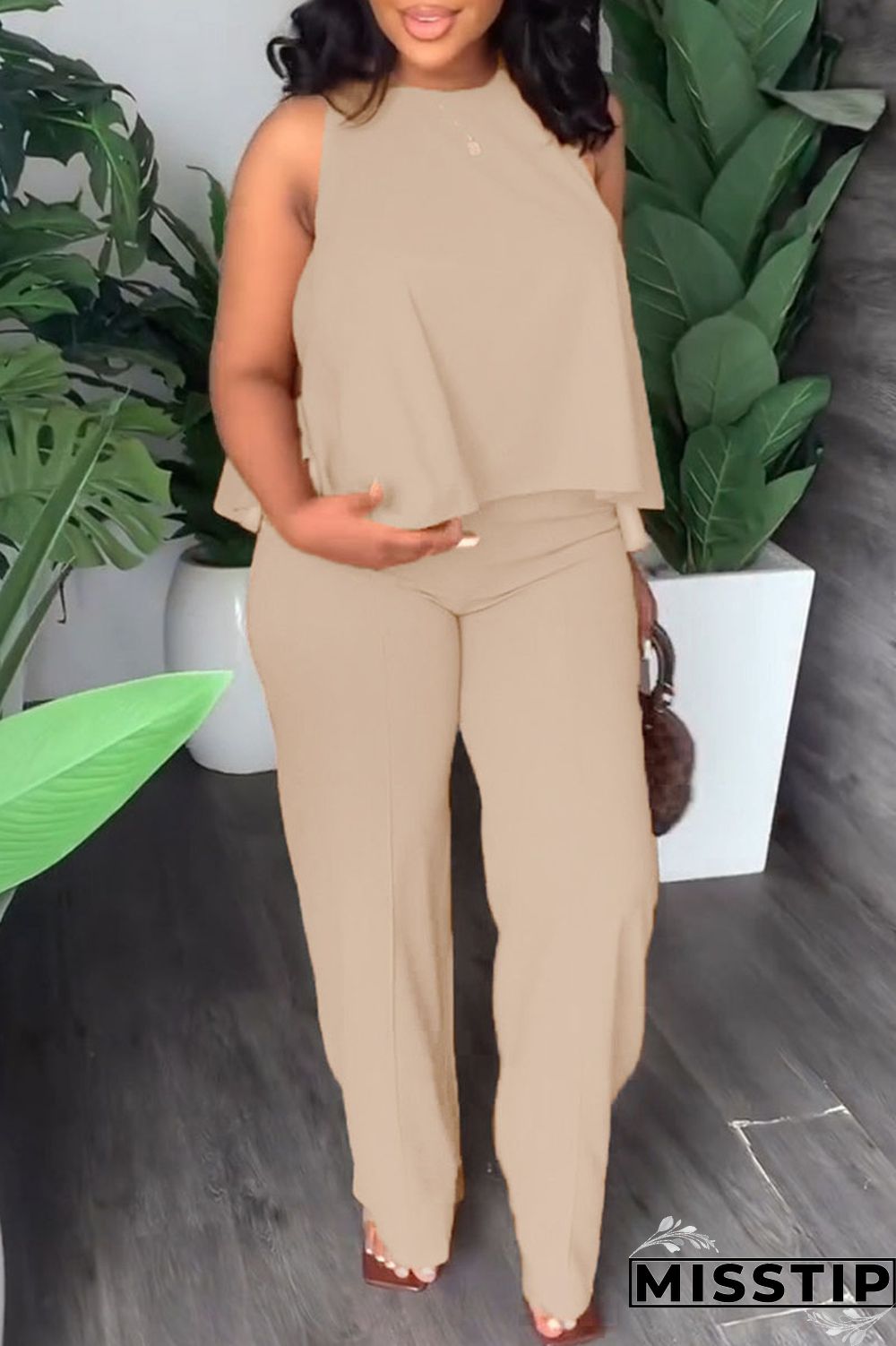 Black Casual Solid Patchwork O Neck Sleeveless Two Pieces