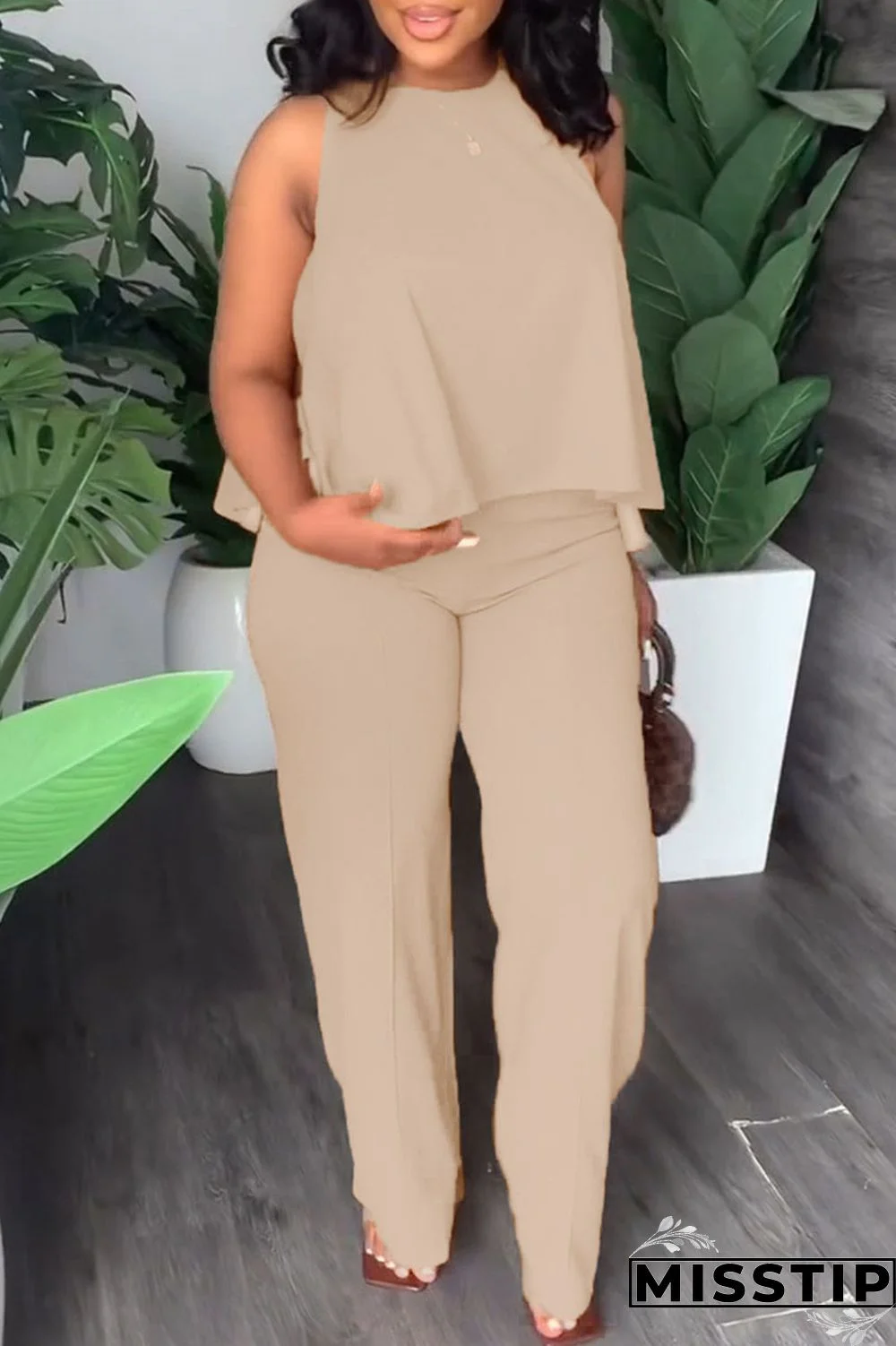 Black Casual Solid Patchwork O Neck Sleeveless Two Pieces