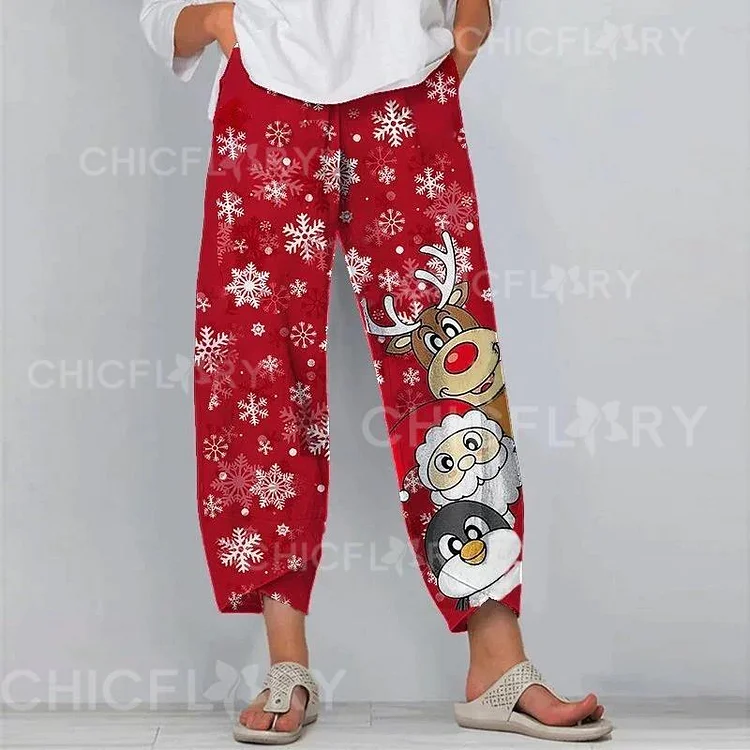 Lovely Cartoon Reindeer Print Merry Christmas Pants