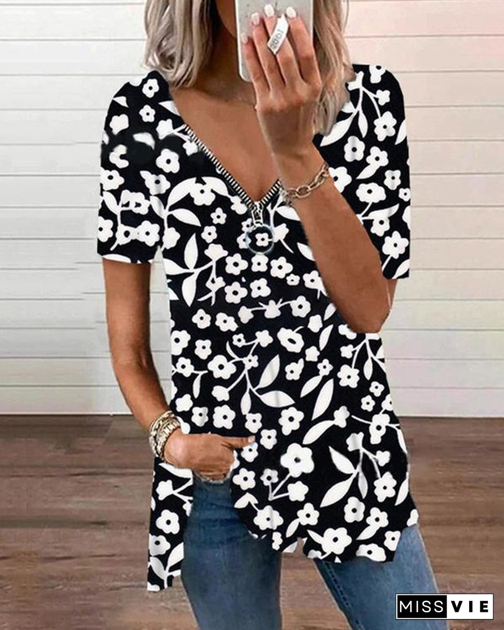Zipper Flower Print Short Sleeve Tops