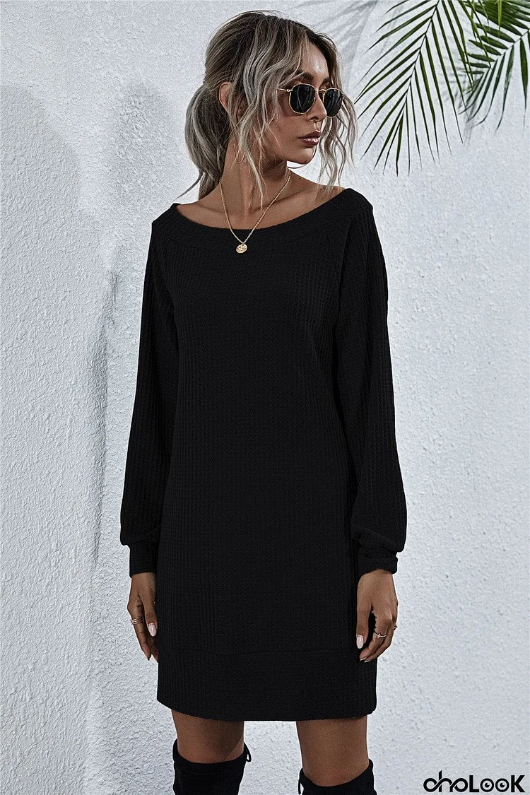 Waffle-Knit Boat Neck Mini Dress