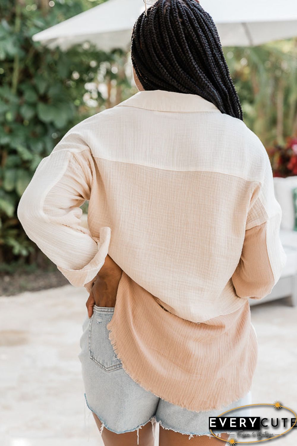 Khaki Color Block Buttoned Raw Hem Textured Shirt