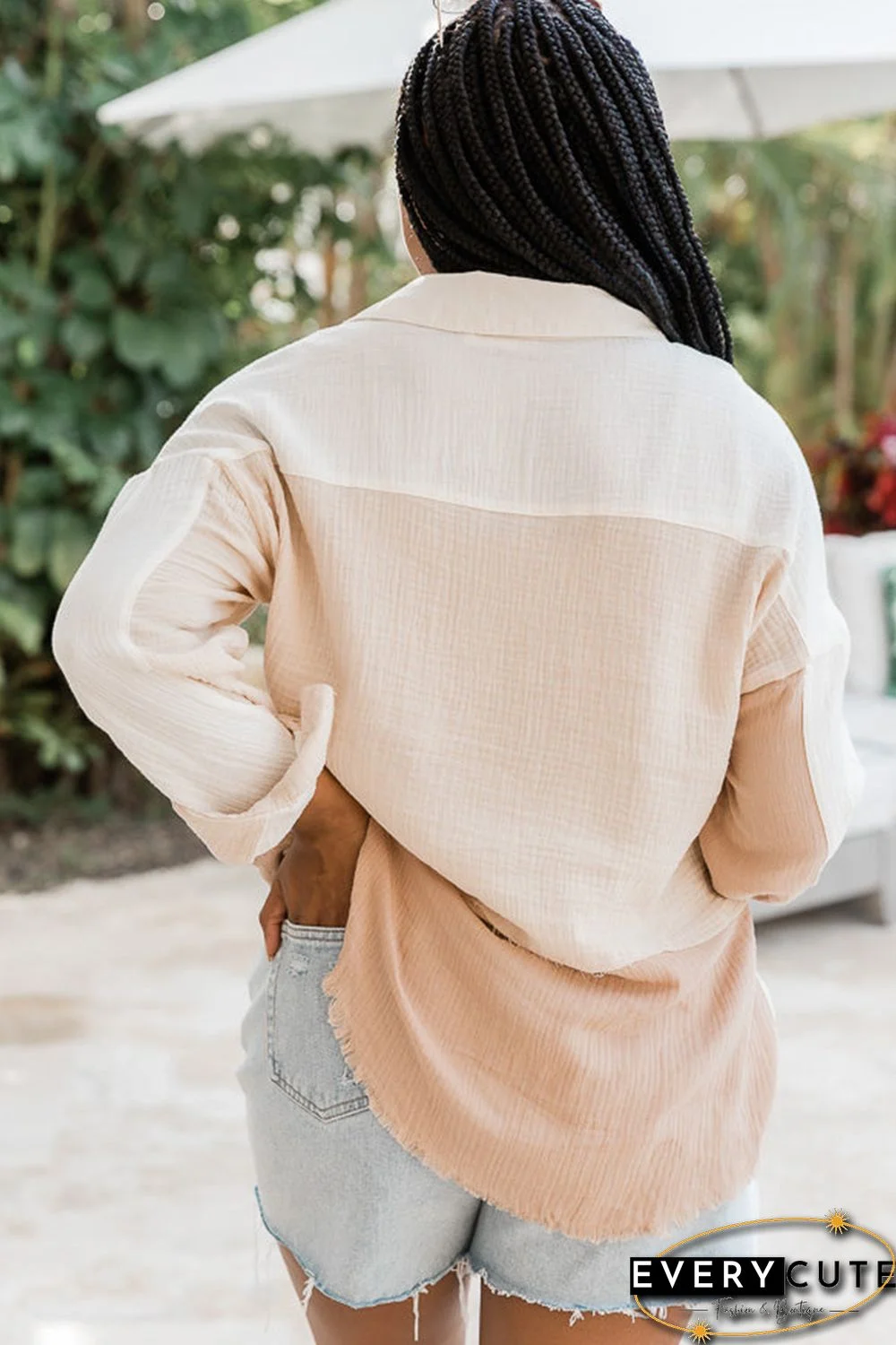 Khaki Color Block Buttoned Raw Hem Textured Shirt