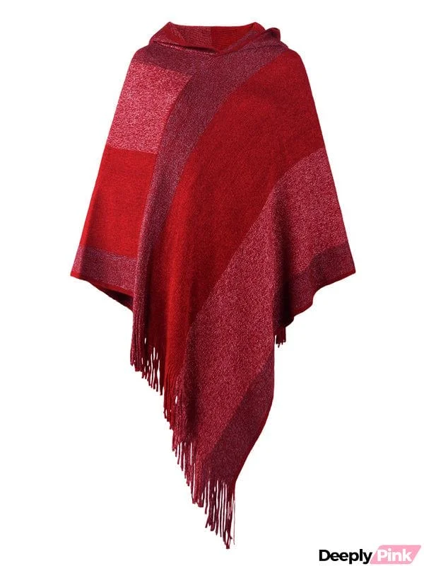 Casual Loose Striped Tasseled Hooded Cape