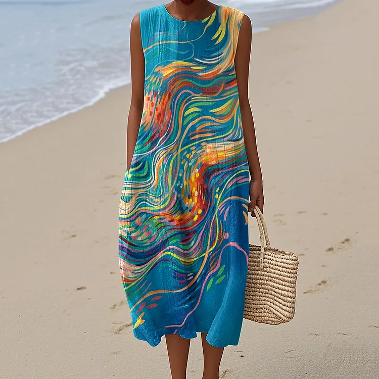 Women's Retro Water Ripple Line Art Print Cotton And Linen Dress