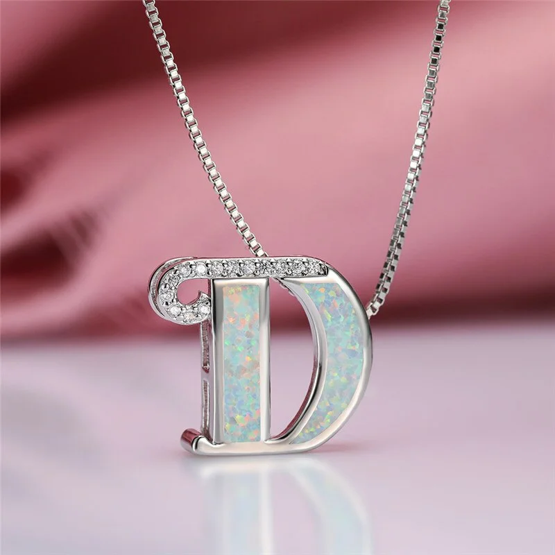 Cute Female Opal Letter A-Z Pendant Necklace Charm Silver Color Chain Necklace For Women Luxury White Crystal Wedding Necklace