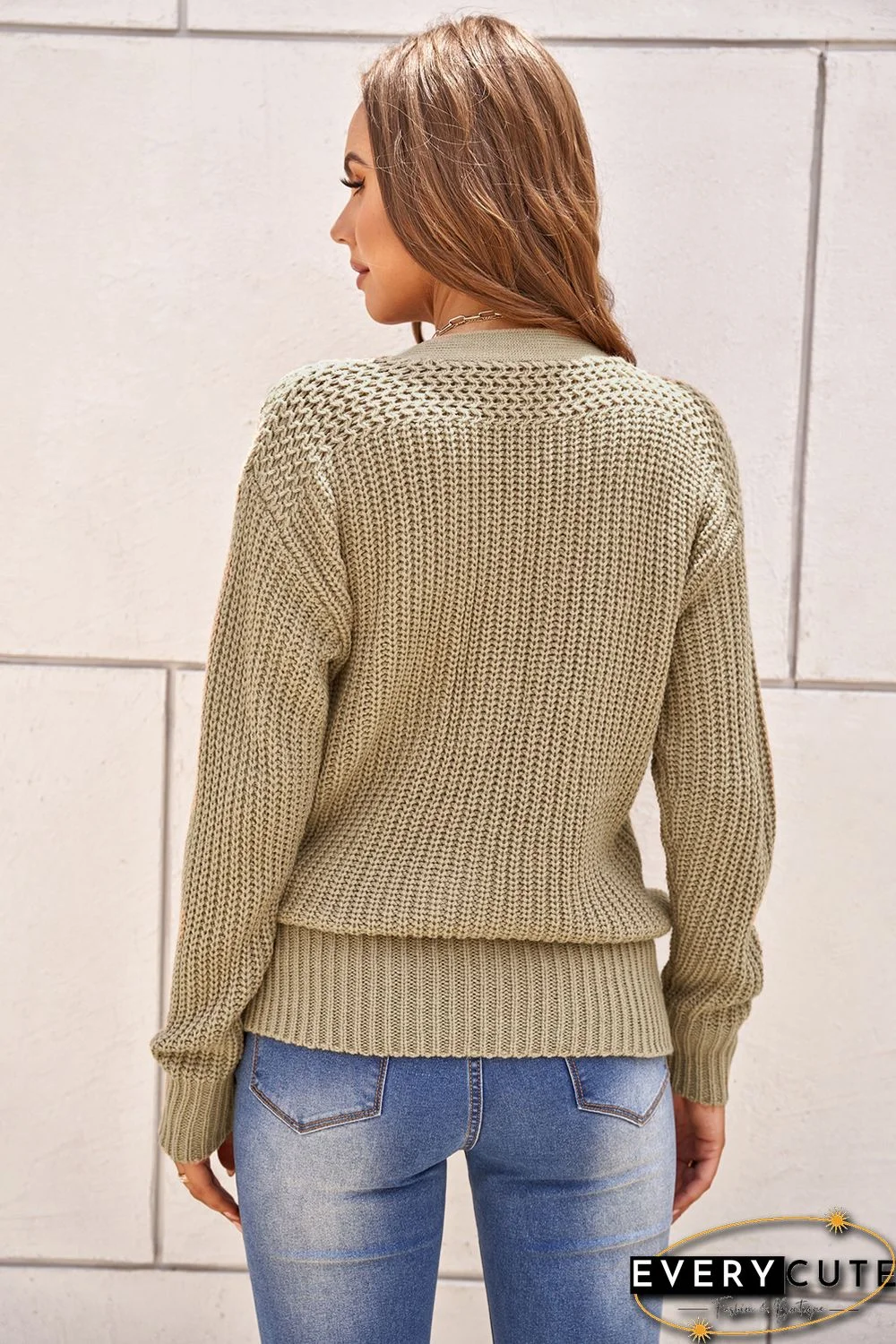 Khaki Wrap V Neck Sweater with Side Tie