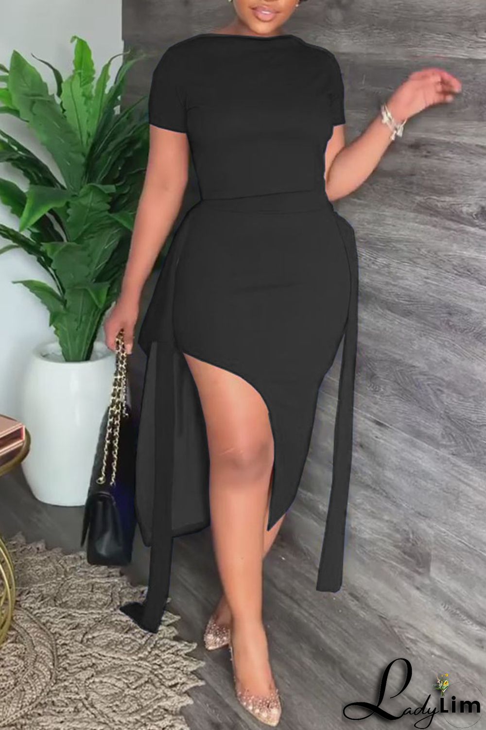Black Celebrities Solid Bandage Patchwork Slit O Neck Short Sleeve Two Pieces
