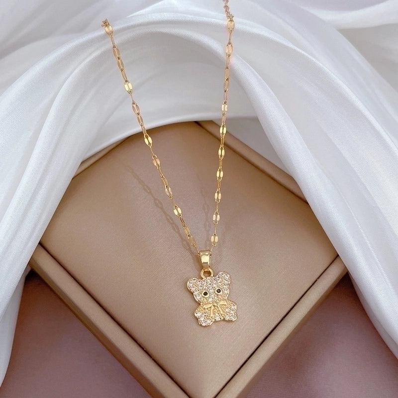 2 Pieces Minimalist Bear Titanium Steel Copper Plating Inlay Zircon Pendant Necklace