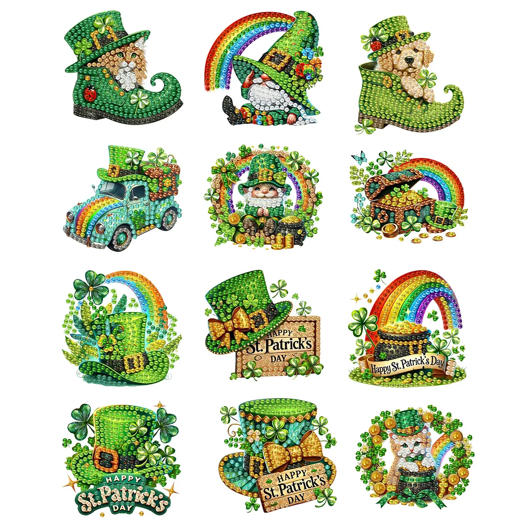 12Pcs St Patricks Day DIY Diamond Art Fridge Magnet Refrigerator Sticker Diamond Art Stickers Refrigerator Painting Kits for Beginners Adults DIY Craft Gifts Home Decors