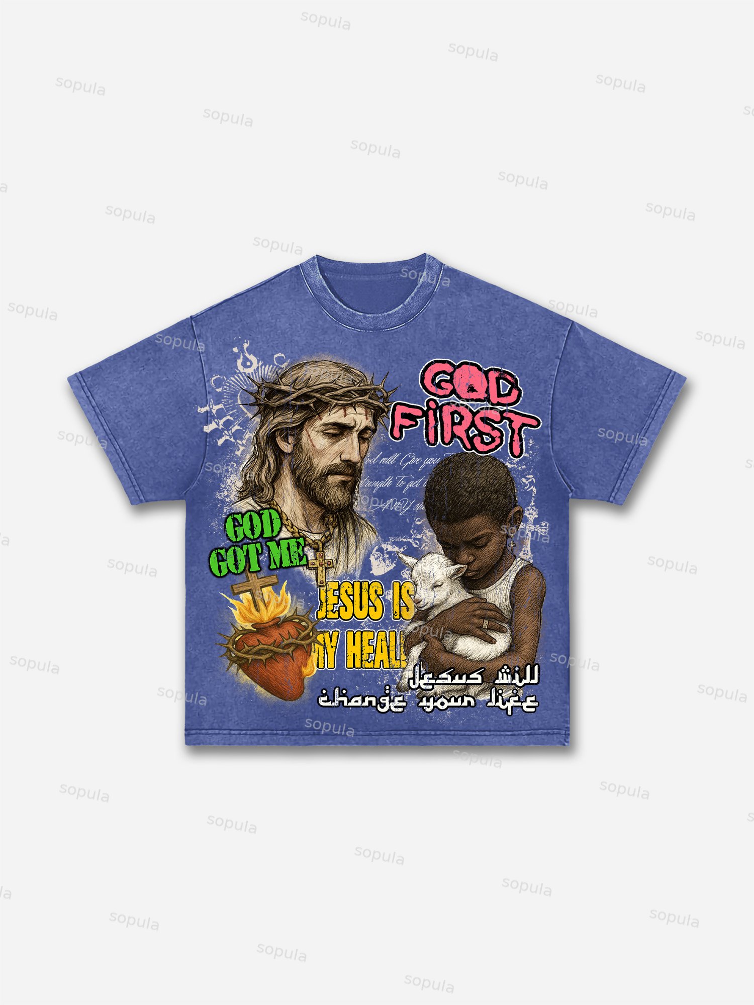Jesus Is My Healr Vintage Black Boy Graphic Acid Wash T-shirt - Sopula｜Premium Graphic Tees & Graphic Clothing