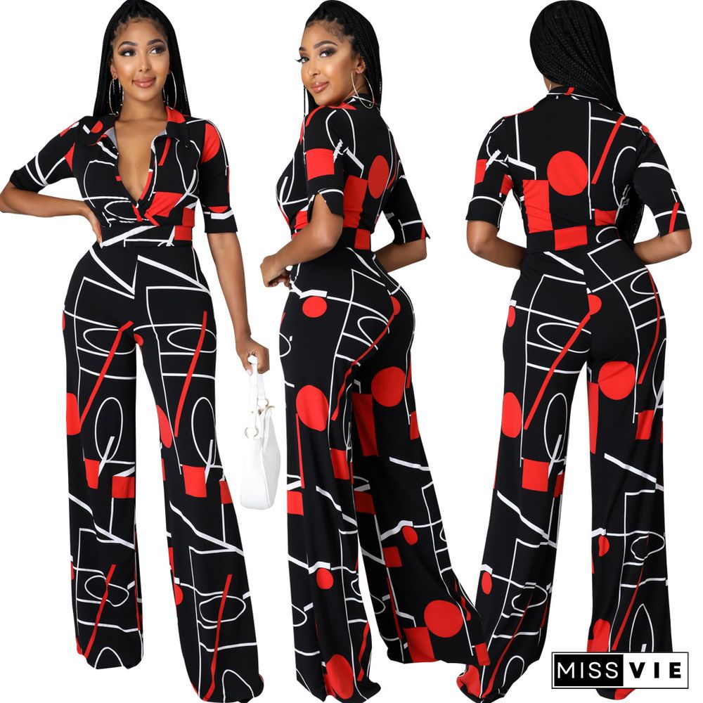 Digital Printed V-neck One Piece Jumpsuit