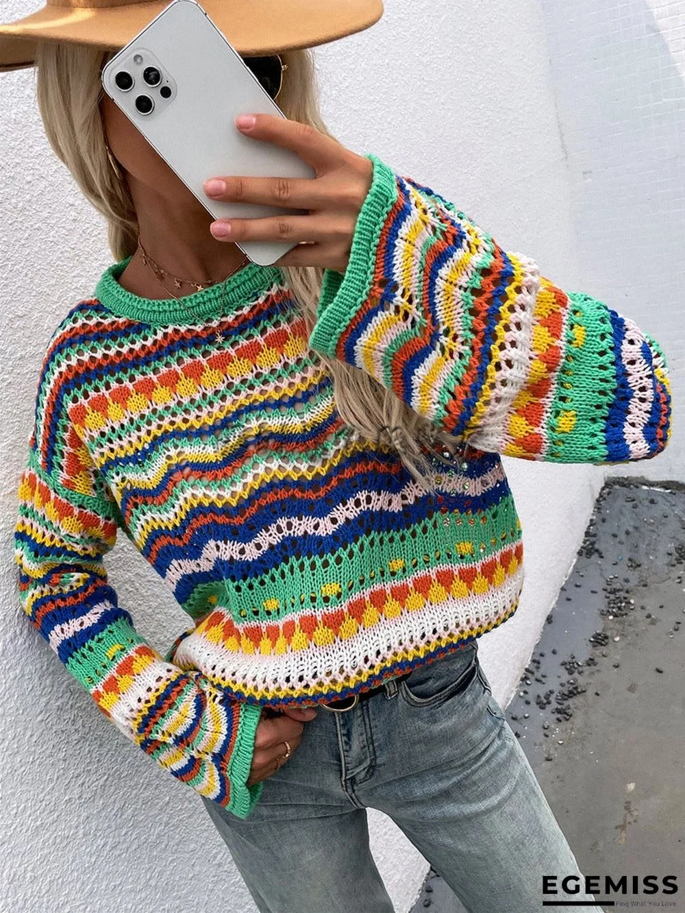 Autumn/Winter's New Stitched Loose-fitting Round-neck Striped Sweater | EGEMISS