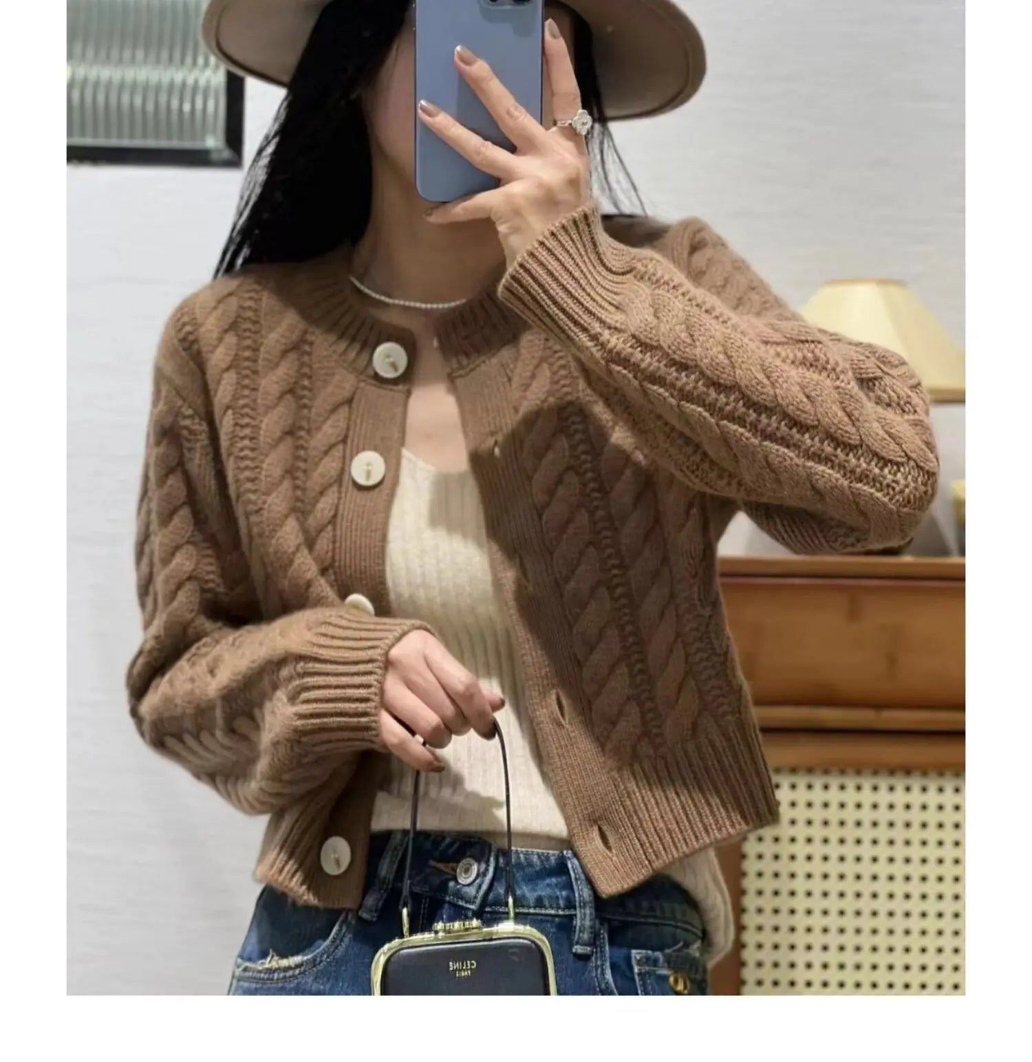 Women's Pure Cashmere Wool Sweater Round Neck Twists Short Cardigan Autumn Winter Casual Knit Top Female Thickened Warm Jacket Aiertu
