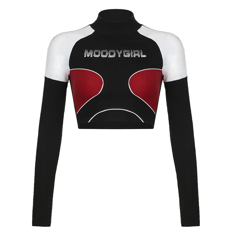 Ueong Locomotive Wind Impact Color Letter Splicing High-Collar Ultra-Short Spicy Girl Navel Tight Long-Sleeved T-Shirt 2024 New Style