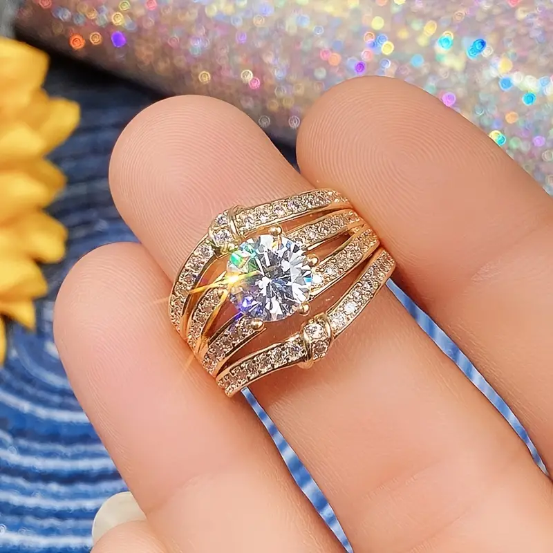 plated round zircon set ring fashion luxury engagement wedding jewelry for women ring set 3pcs details 7