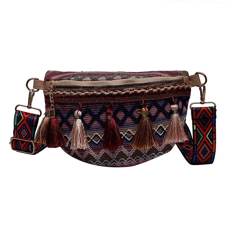 Ethnic Style Waist Fanny Pack Canvas Tassel Crossbody Chest Bag (Purple)