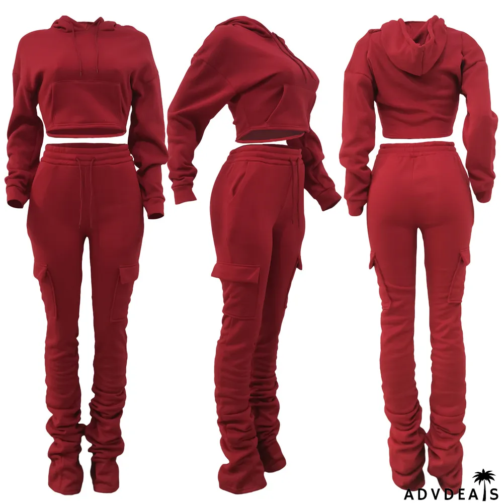 Solid Fleece Hoodie Top Pile Pants Casual Two Piece Sets