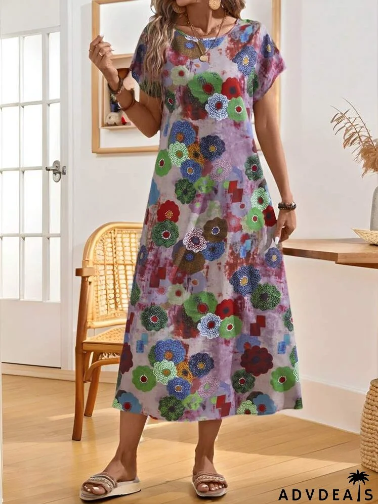 Women's Summer Vintage Floral Print Dress With Round Neckline And Short Sleeves