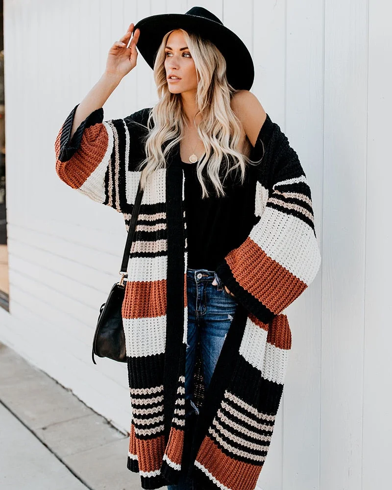 Fitshinling Bohemian Striped Flare Sleeve Cardigan For Women Vintage Winter Coat Knitwear Holiday Slim Long Cardigans Sweaters