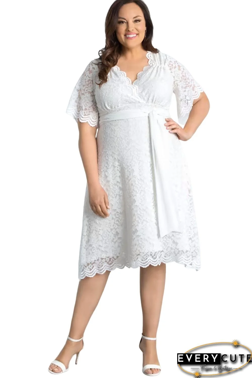 White Scalloped Lace Wrap V Neck Plus Size Dress