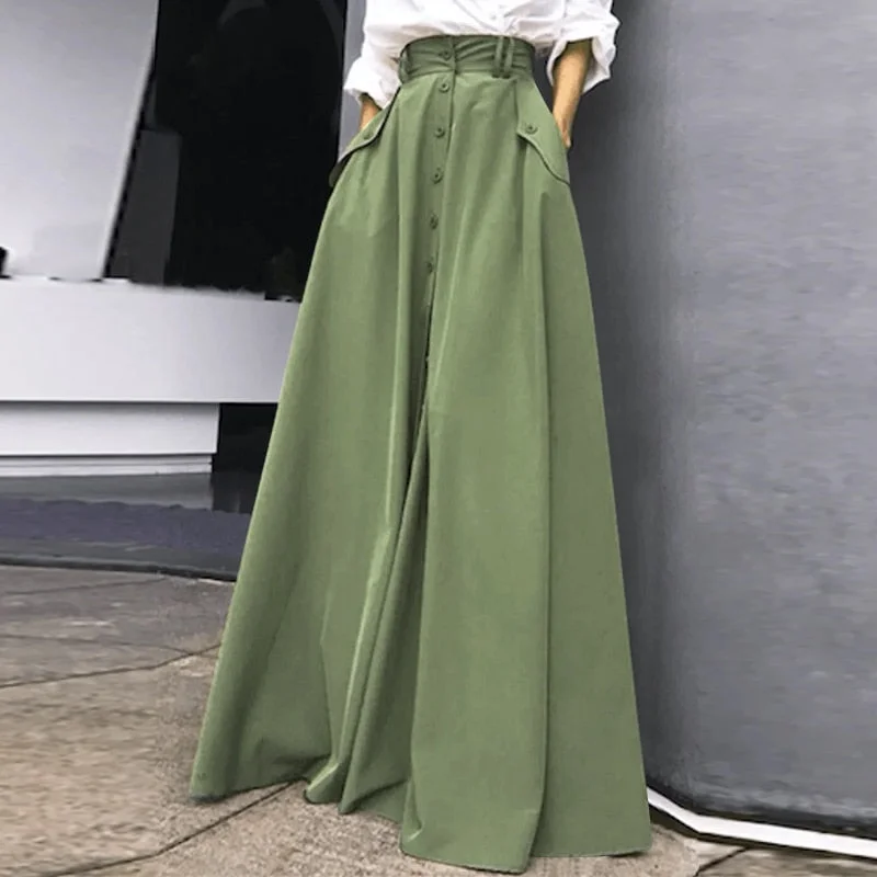 Celmia 2022 A-line Swing Long Skirt Women High Waist Maxi Skirts Elegant Buttons Up Pocket Faldas Fashion Office Lady Solid Jupe