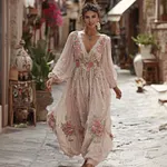 Women's Vintage Rose Embroidered Linen Blend Dress - Image 2